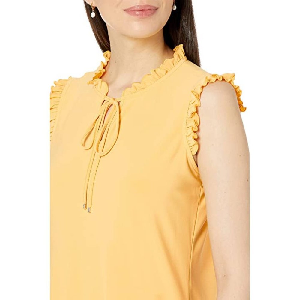 .Tommy Hilfiger Sleeveless Knit Blouse with Neck Tie & Frilled Edging